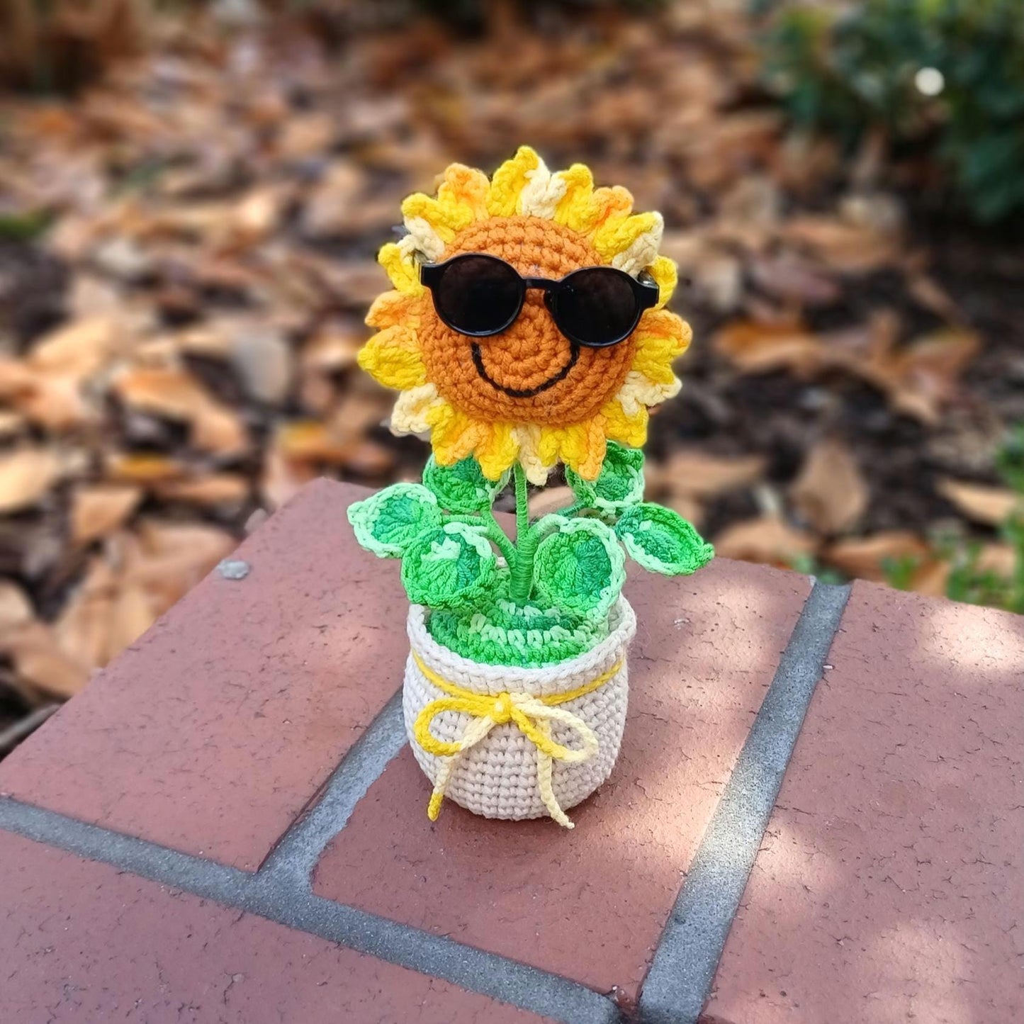 Handmade Crochet Sunflower Plush – Desk Decor with Sunglasses