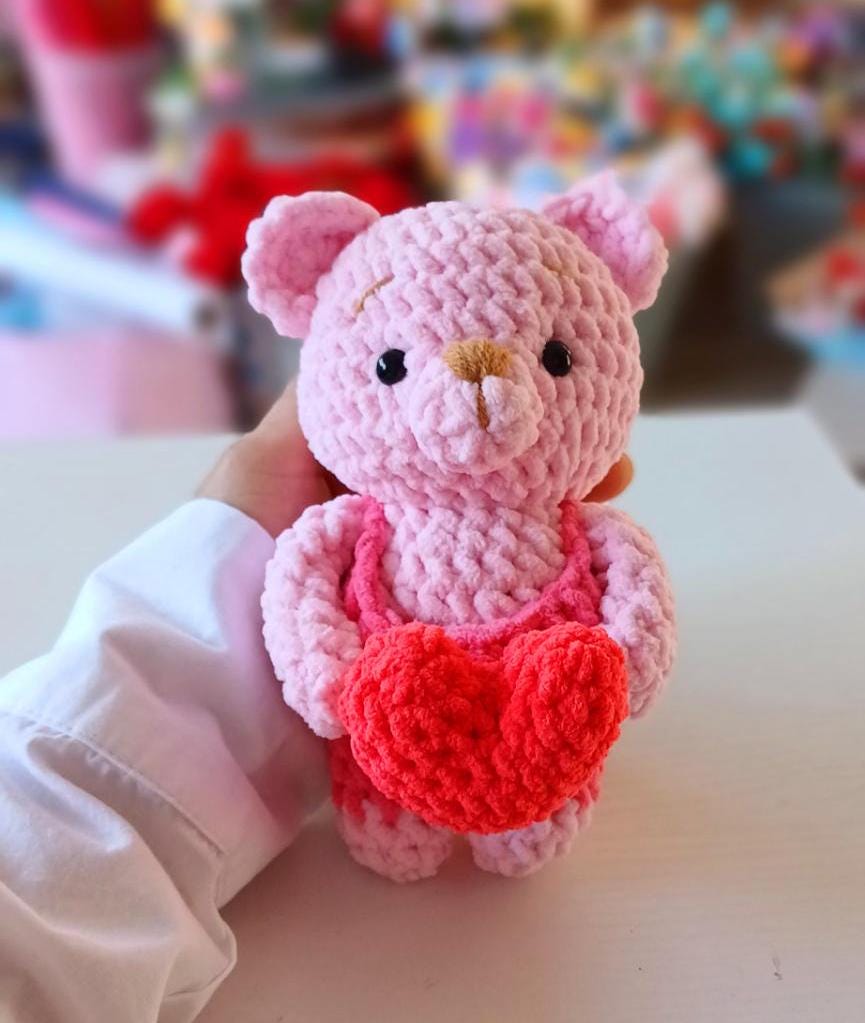 Crochet Teddy Bear with Heart, Handmade Plush Amigurumi
