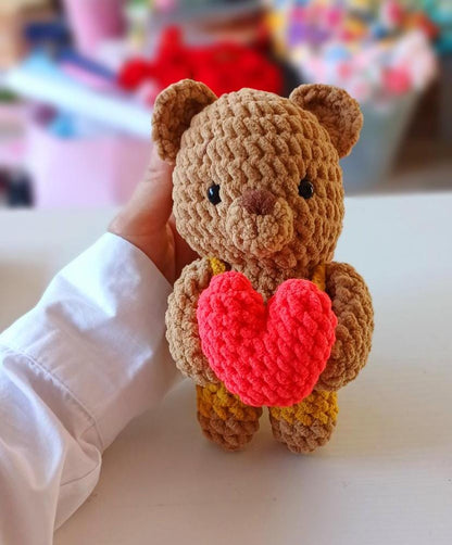 Crochet Teddy Bear with Heart, Handmade Plush Amigurumi