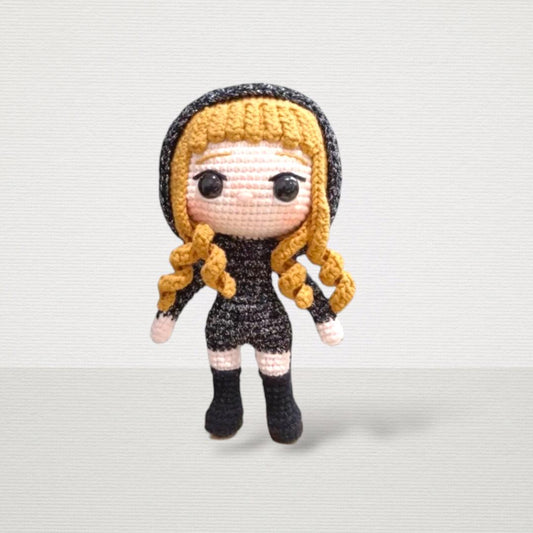 Handmade Crochet Doll: Sequined Black Hoodie, Collectible Gift