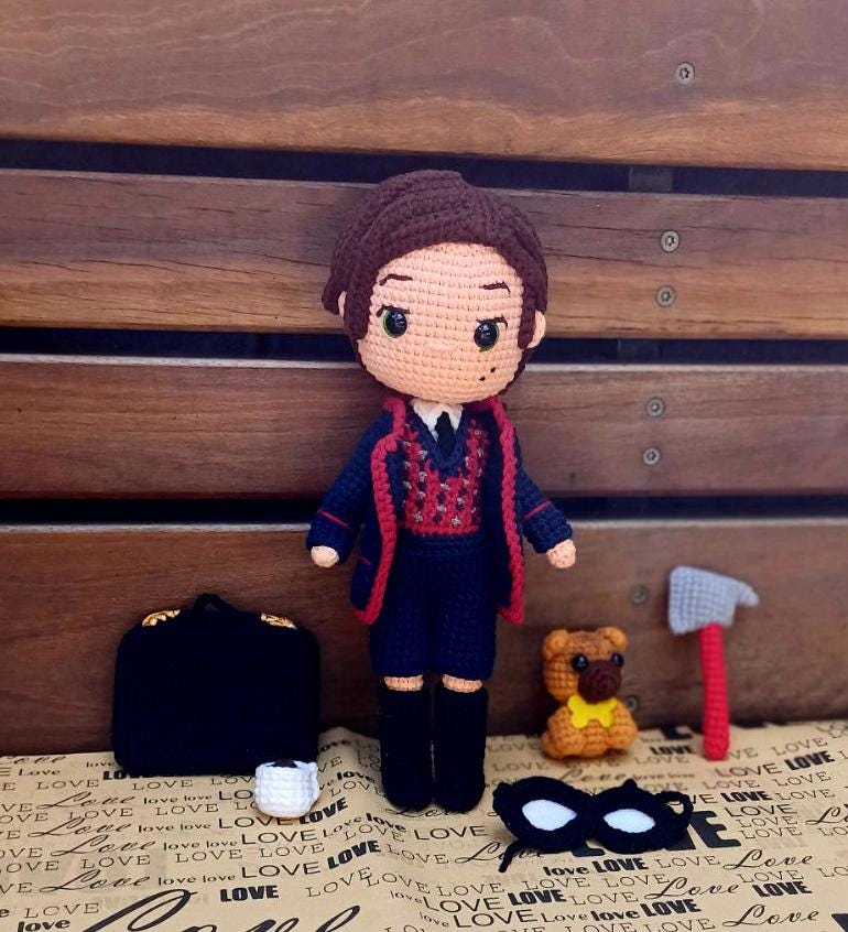 Number Five Crochet Doll Set, Plush with Pug and Props (Handmade)