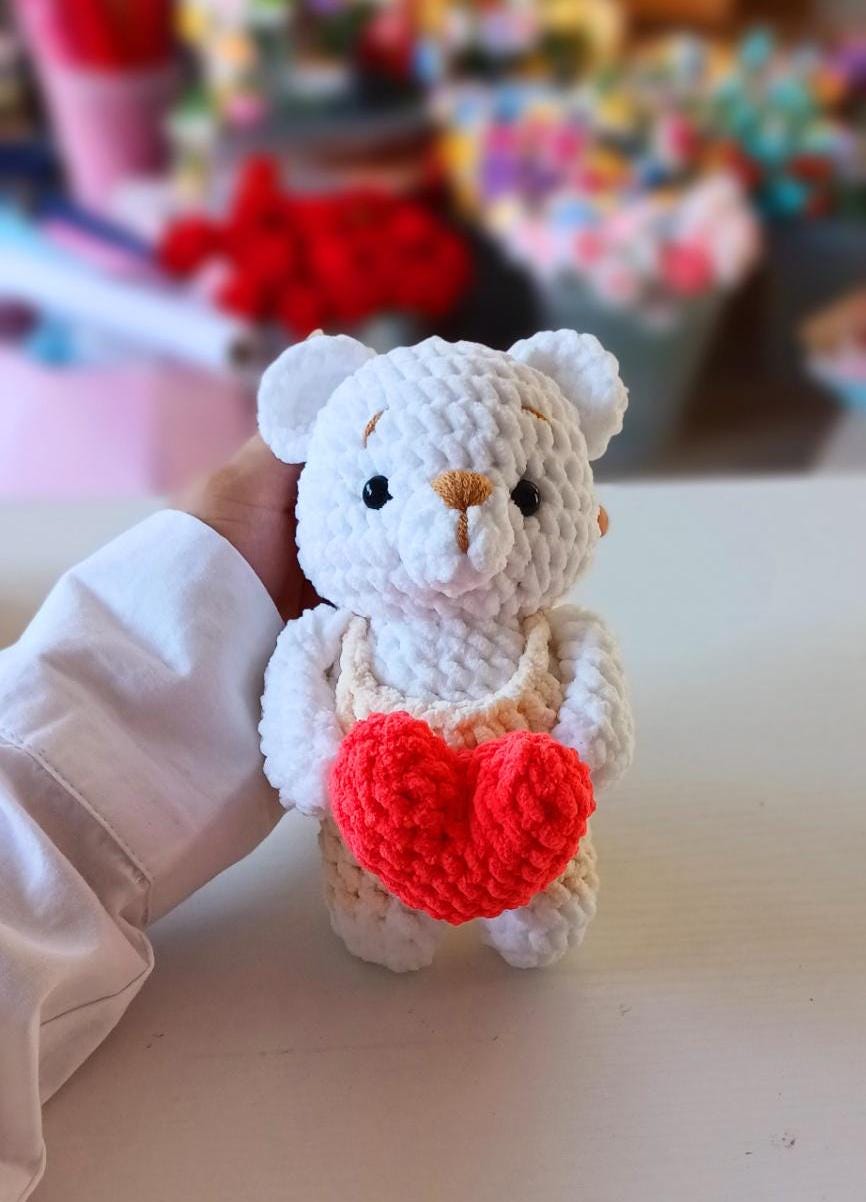 Crochet Teddy Bear with Heart, Handmade Plush Amigurumi