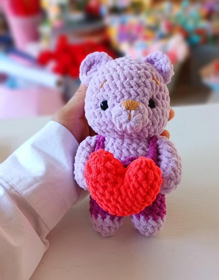 Crochet Teddy Bear with Heart, Handmade Plush Amigurumi