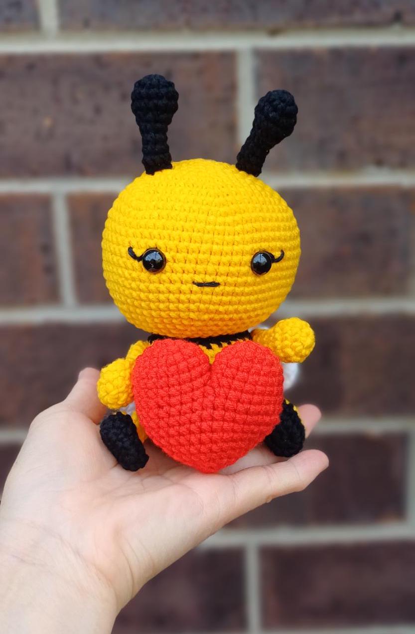 Crochet Bumblebee Plush with Heart, Handmade Amigurumi Bee