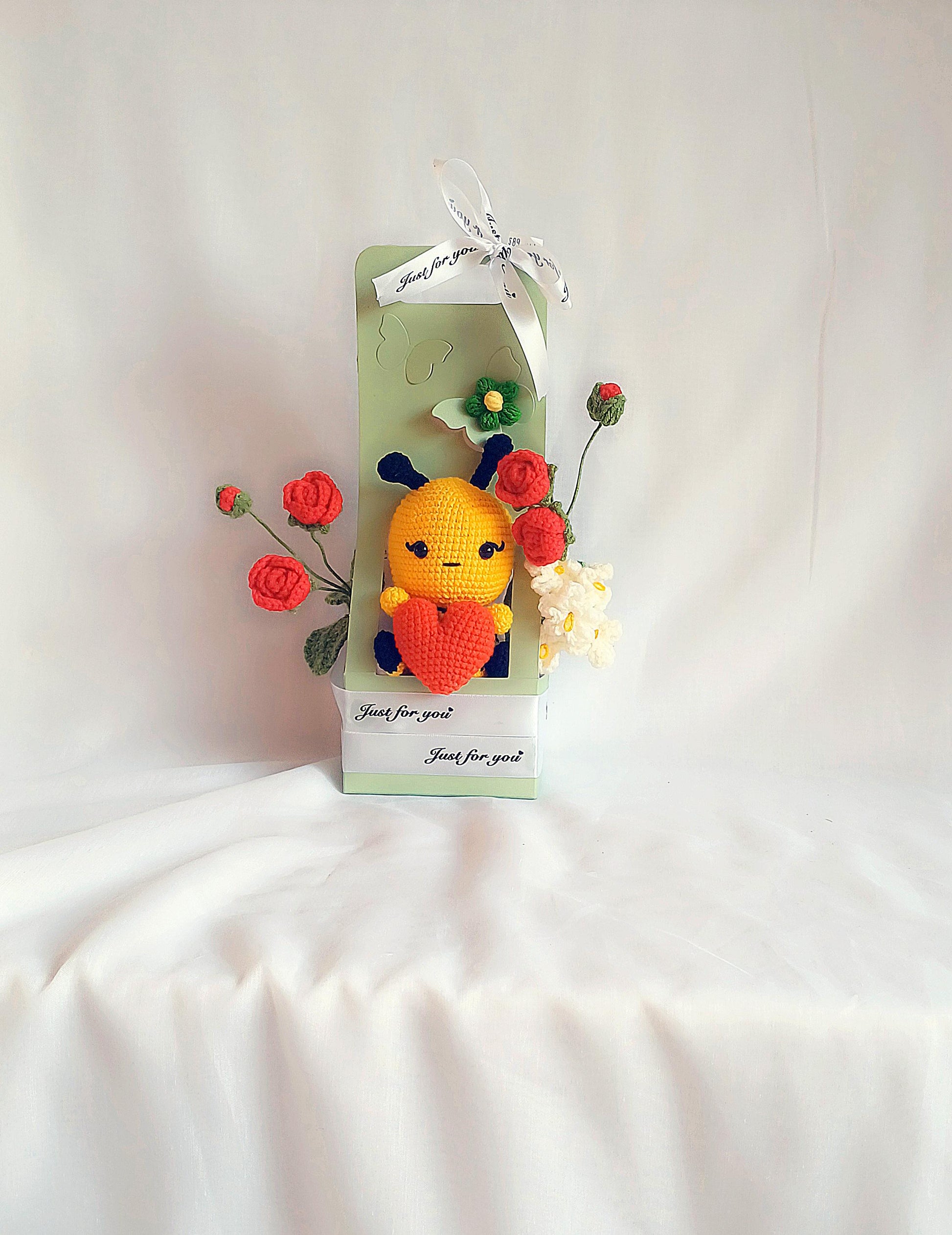 Crochet Teddy Bear Gift Set: Handmade Floral Bumblebee Arrangement
