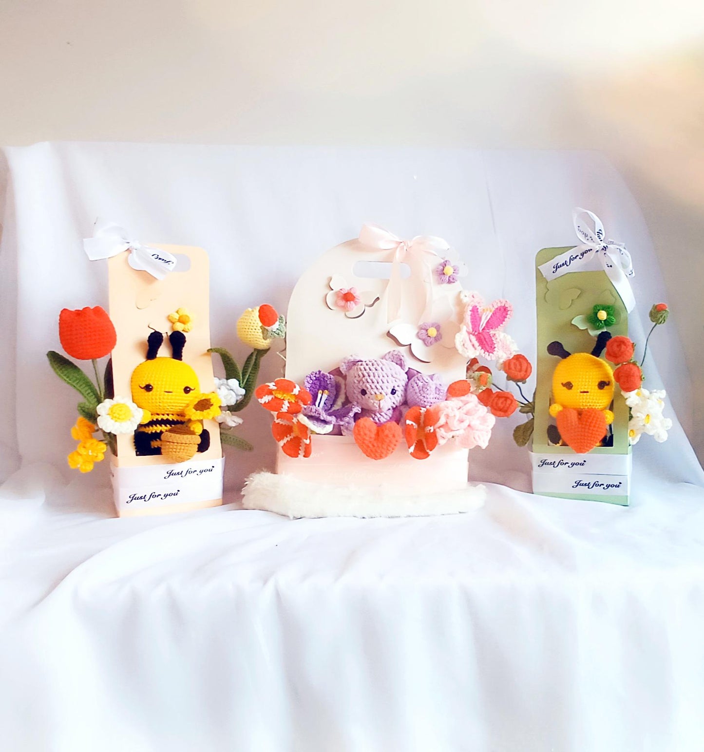 Crochet Teddy Bear Gift Set: Handmade Floral Bumblebee Arrangement