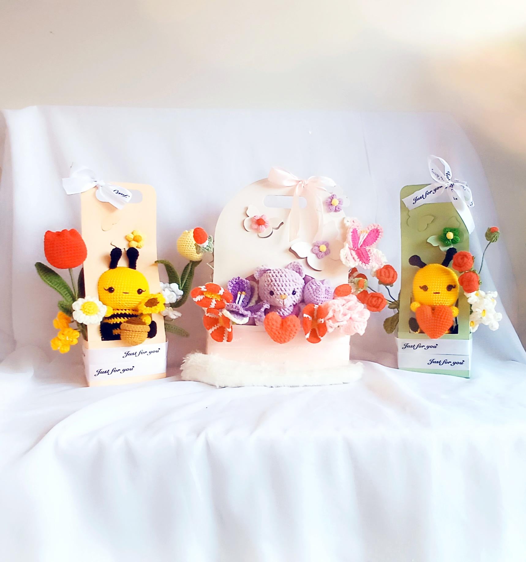 Crochet Teddy Bear Gift Set: Handmade Floral Bumblebee Arrangement