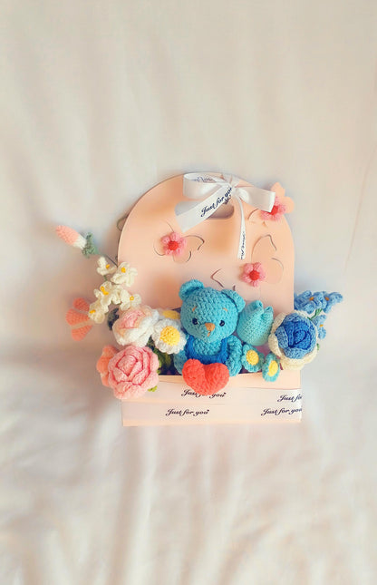 Crochet Teddy Bear Gift Set: Handmade Floral Bumblebee Arrangement