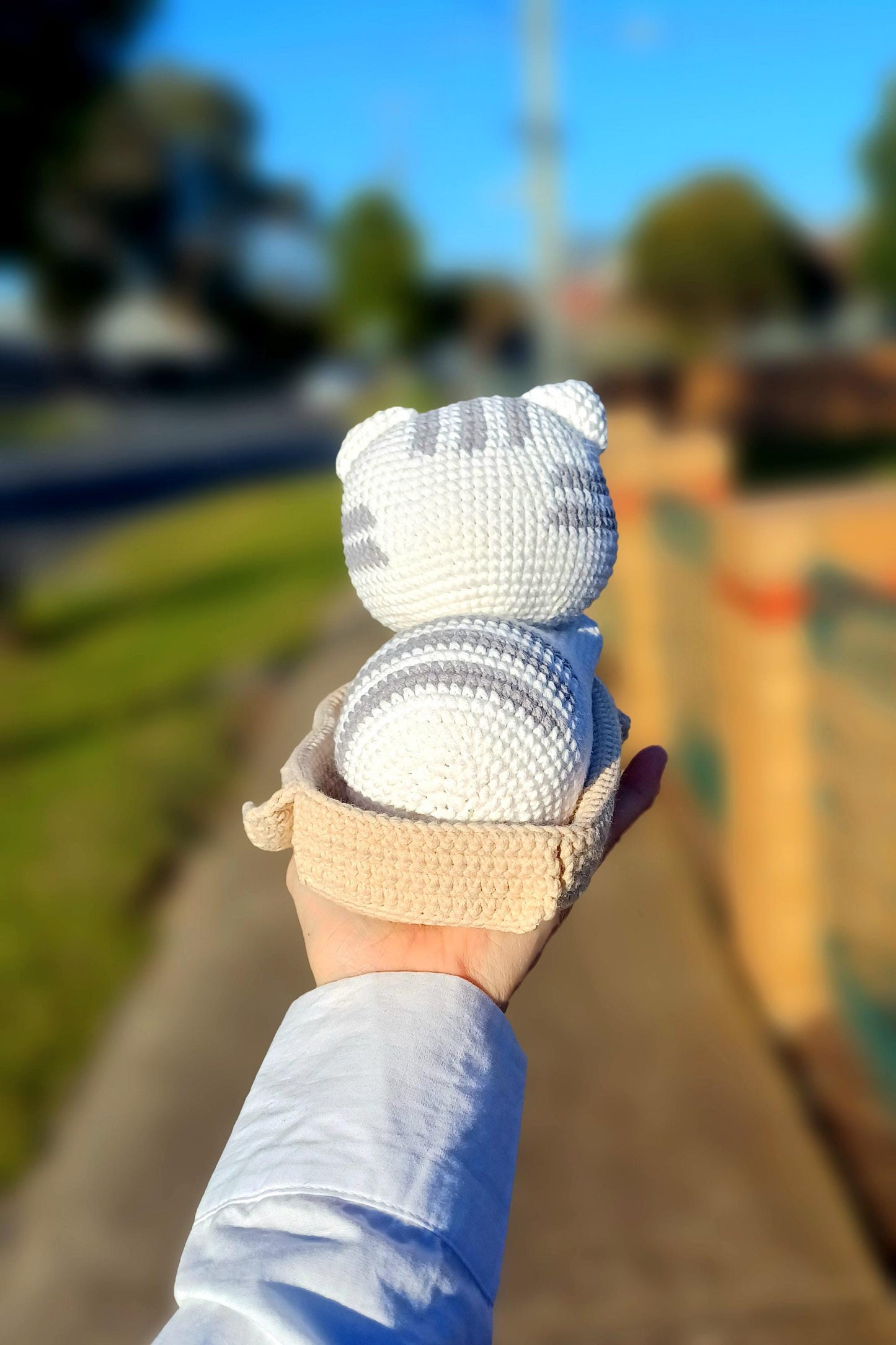 Crochet Tabby Cat Basket Plush Gift Cat Lovers Home Decor Pet Keepsake Handmade Amigurumi Soft Plush Cat Doll