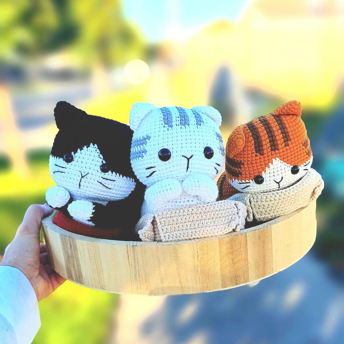 Crochet Tabby Cat Basket Plush Gift Cat Lovers Home Decor Pet Keepsake Handmade Amigurumi Soft Plush Cat Doll