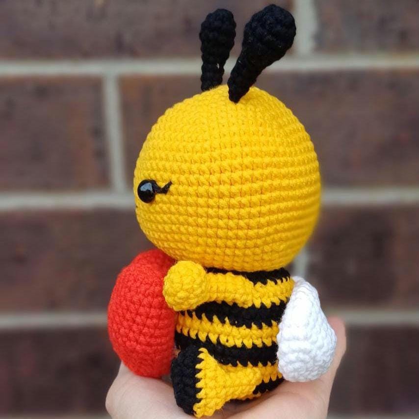 Crochet Bumblebee Plush with Heart, Handmade Amigurumi Bee