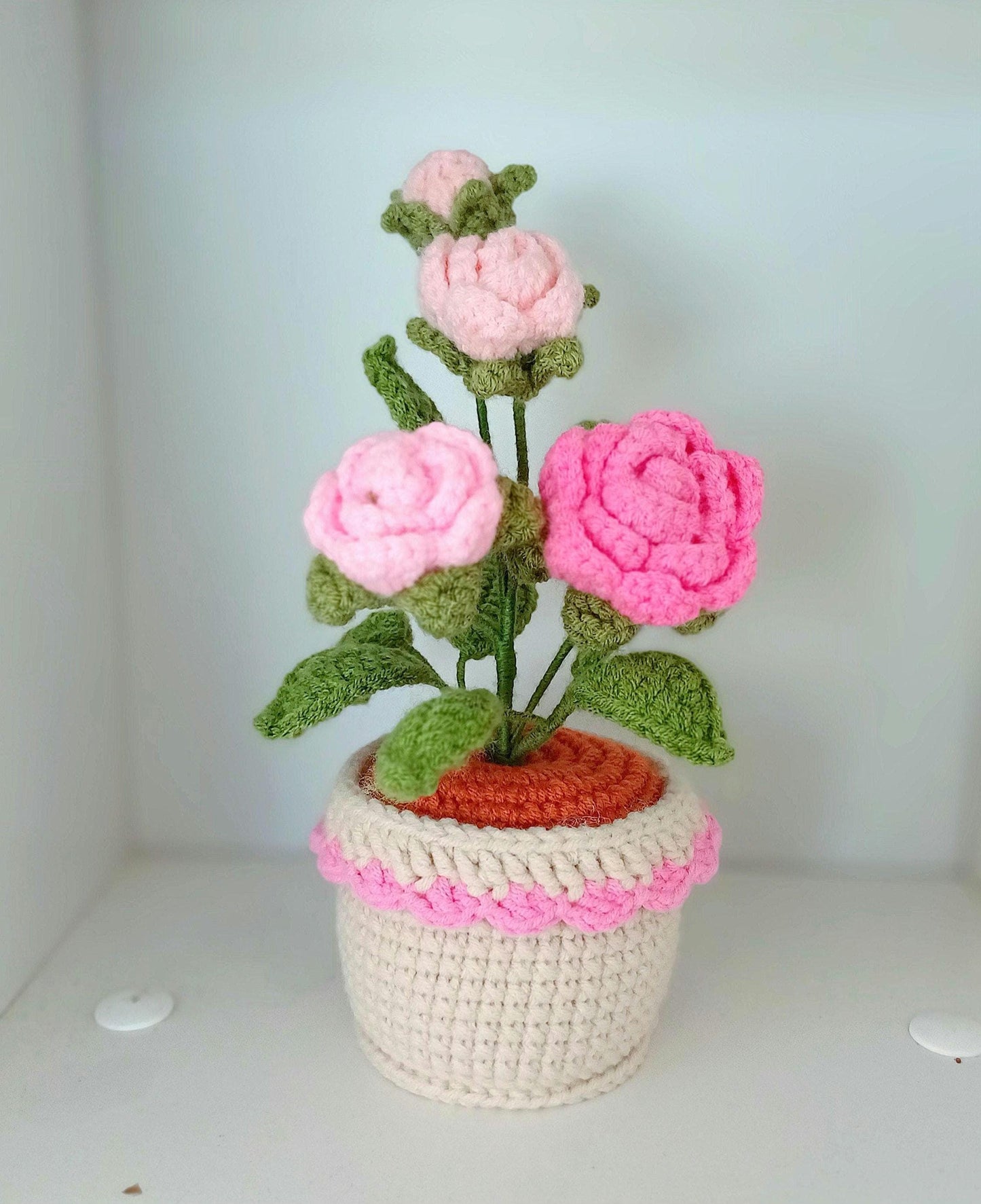 Crochet Flower Pot Valentines Gift Romantic Home Decor Handmade Amigurumi Floral Arrangement