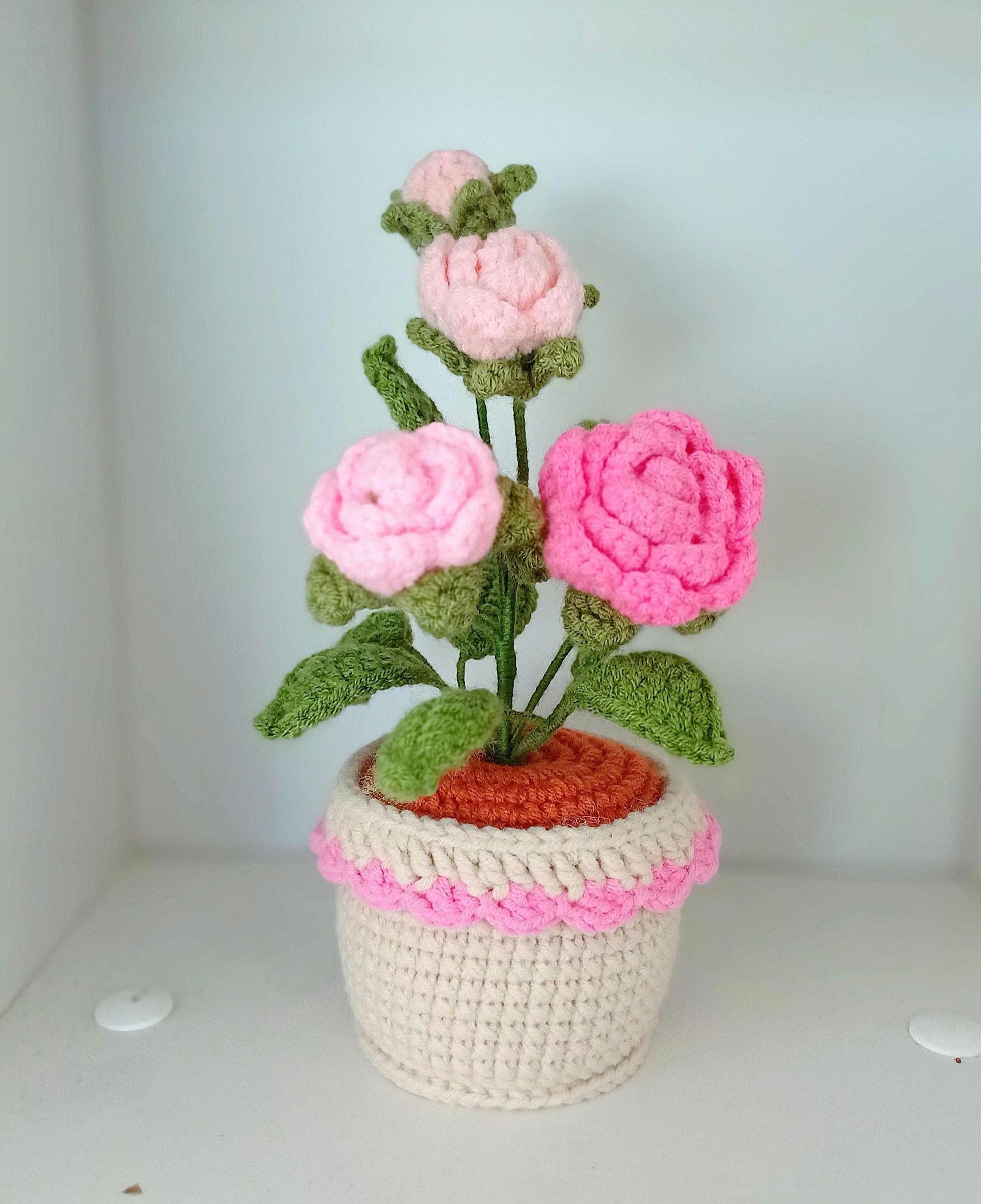 Crochet Flower Pot Valentines Gift Romantic Home Decor Handmade Amigurumi Floral Arrangement