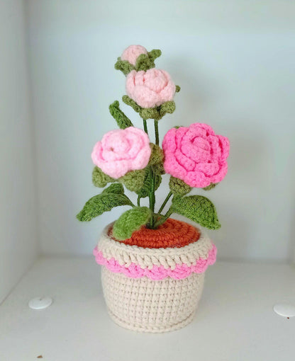 Crochet Flower Pot Valentines Gift Romantic Home Decor Handmade Amigurumi Floral Arrangement