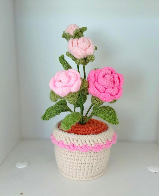 Crochet Flower Pot Valentines Gift Romantic Home Decor Handmade Amigurumi Floral Arrangement