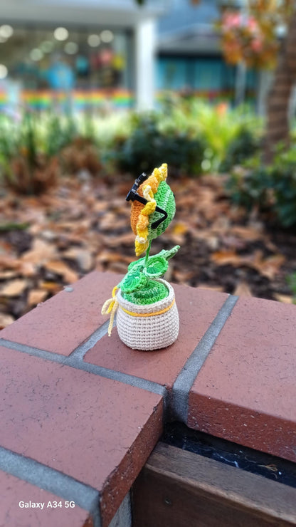 Handmade Crochet Sunflower Plush – Desk Decor with Sunglasses