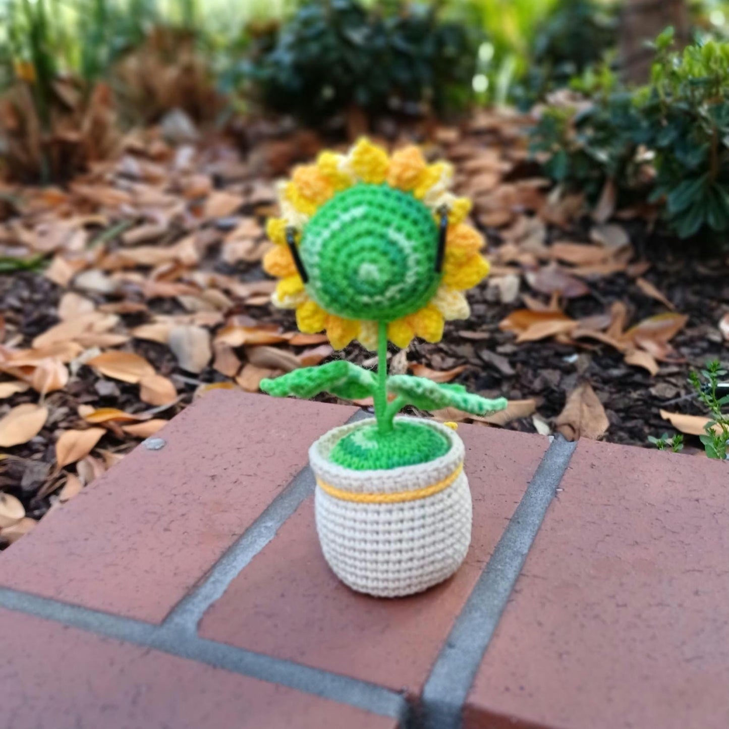 Handmade Crochet Sunflower Plush – Desk Decor with Sunglasses
