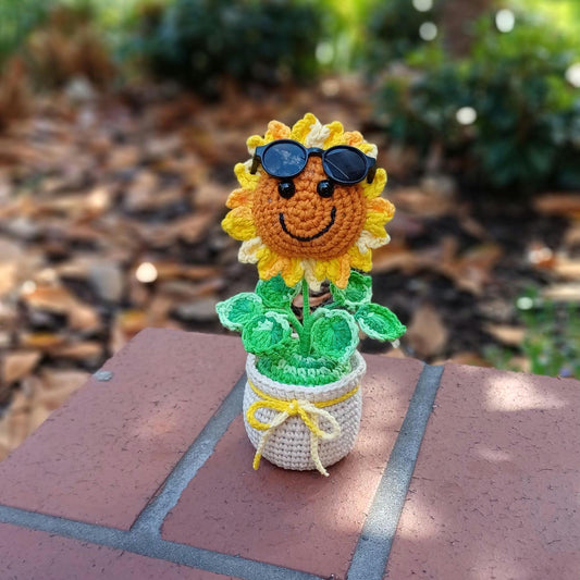 Handmade Crochet Sunflower Plush – Desk Decor with Sunglasses