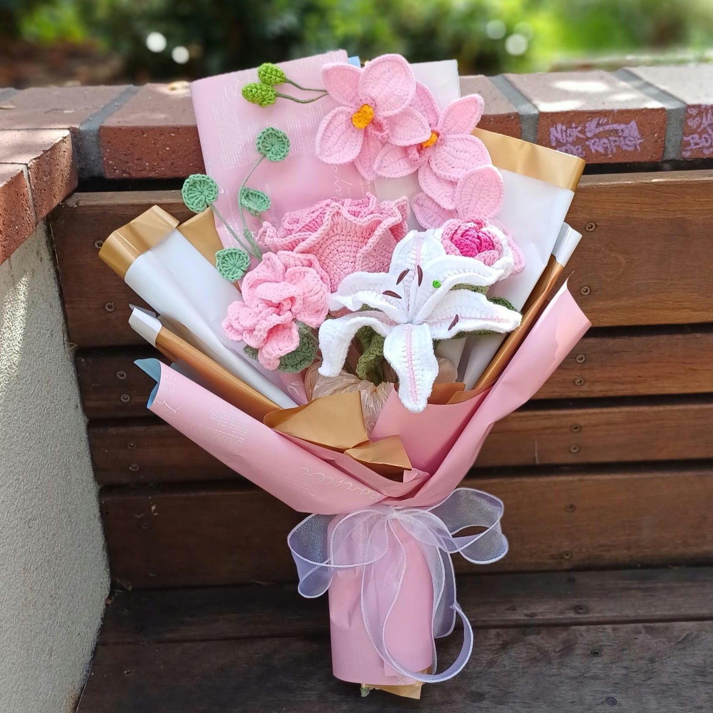 Crochet Flower Bouquet: Handmade Rose, Lily, Orchid Arrangement