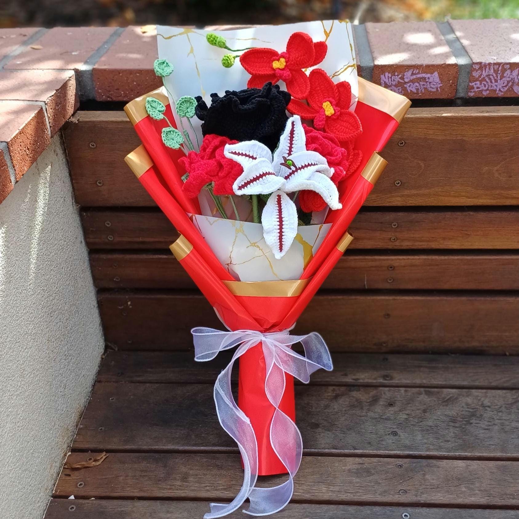Crochet Flower Bouquet: Handmade Rose, Lily, Orchid Arrangement