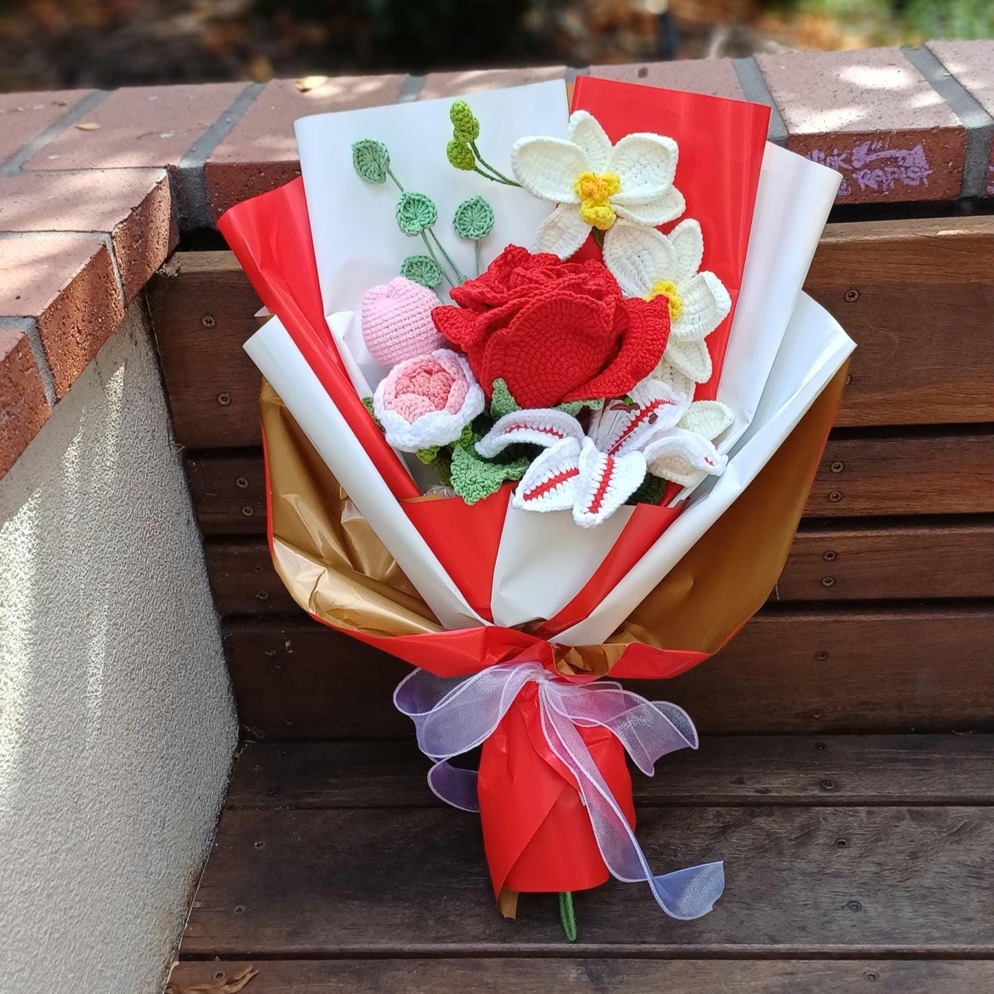 Crochet Flower Bouquet: Handmade Rose, Lily, Orchid Arrangement