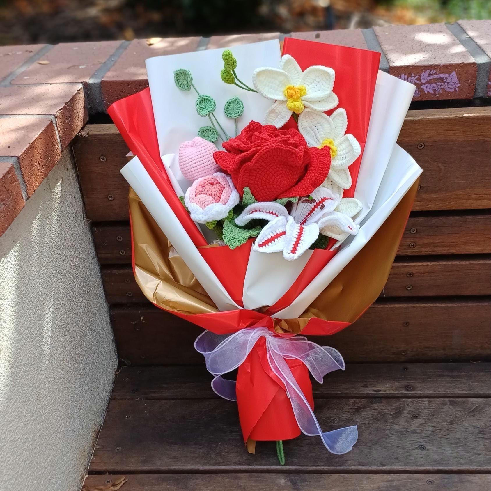 Crochet Flower Bouquet: Handmade Rose, Lily, Orchid Arrangement