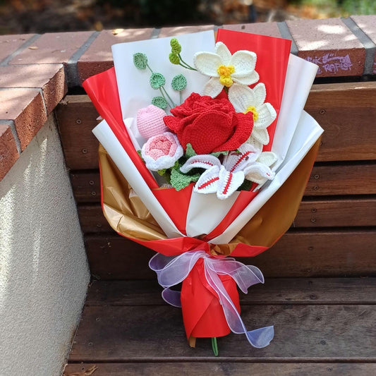 Crochet Flower Bouquet: Handmade Rose, Lily, Orchid Arrangement
