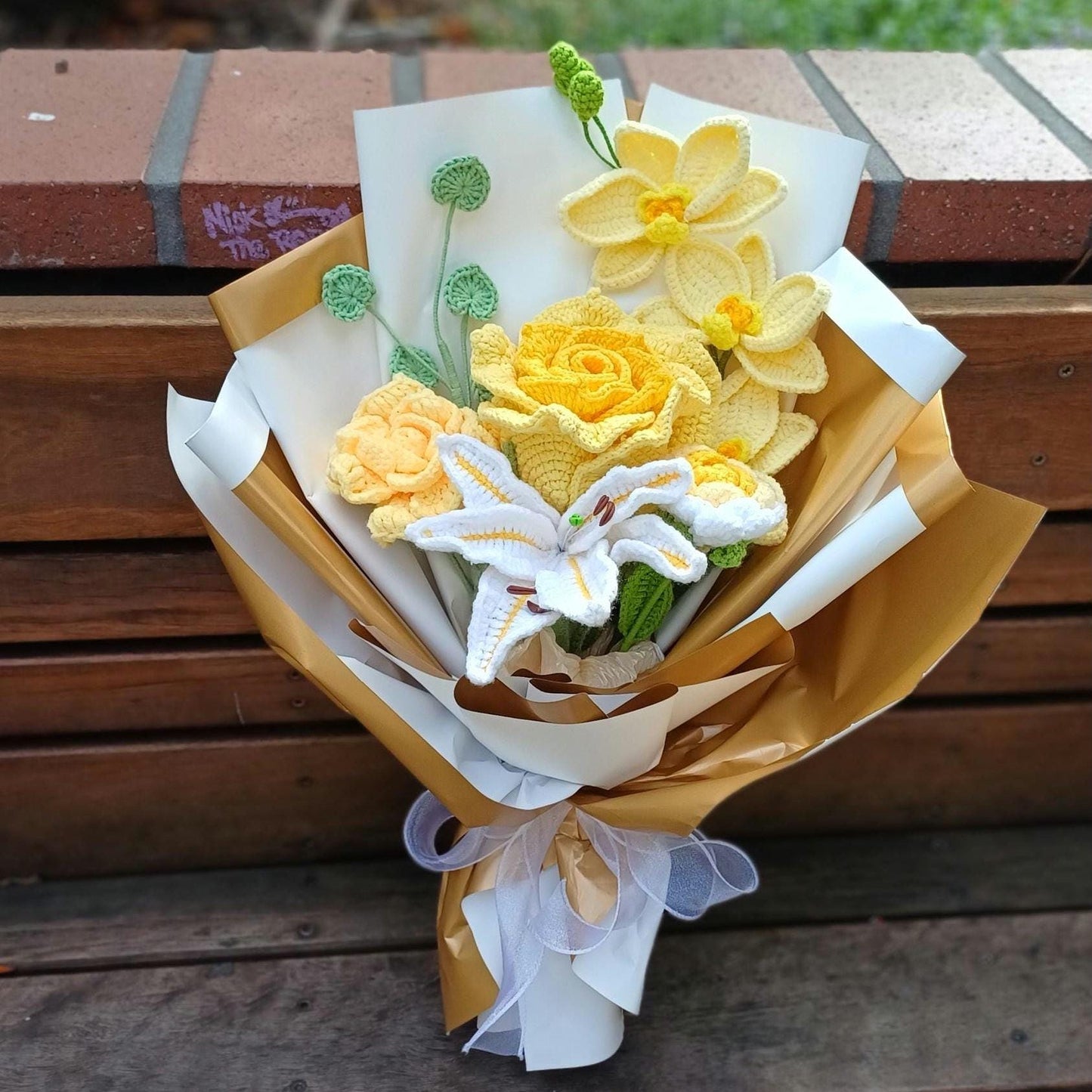 Crochet Flower Bouquet: Handmade Rose, Lily, Orchid Arrangement