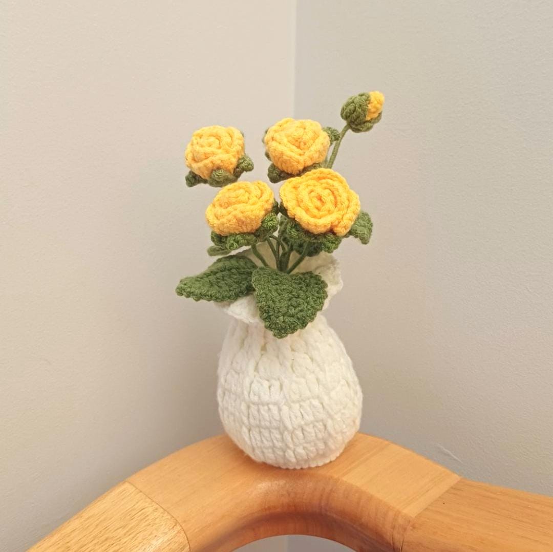 Crochet Flower Bouquet in Vase Handmade Forever Floral Arrangement Gift for Mom Home Decor