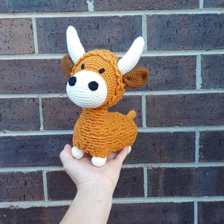 Handmade Crochet Highland Cow Plush – Soft Amigurumi Nursery Decor