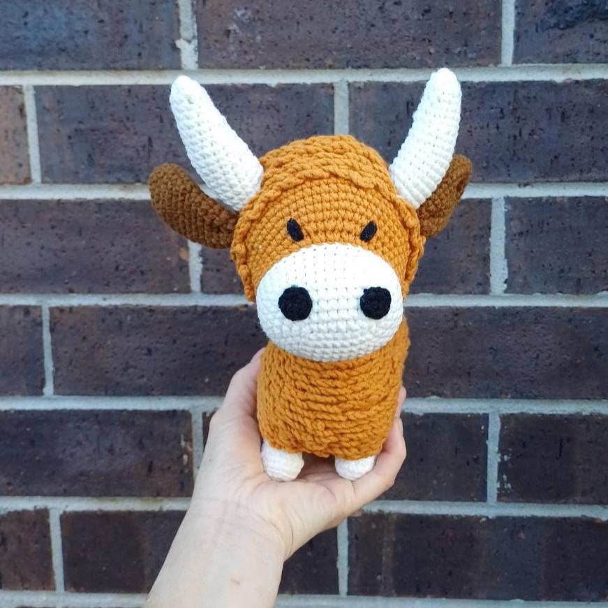 Handmade Crochet Highland Cow Plush – Soft Amigurumi Nursery Decor