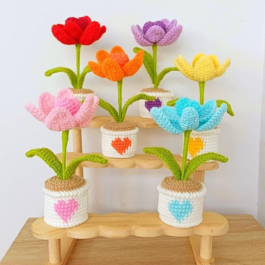 Crochet Tulip Mother's day Gift – 16 cm Handmade Flower with Love Heart Pot