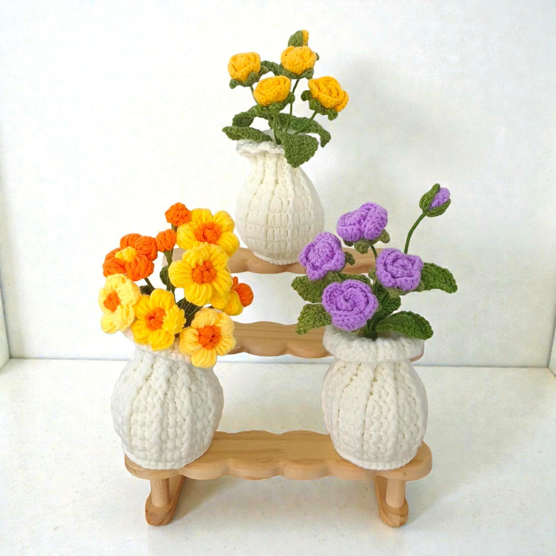 Crochet Flower Bouquet in Vase Handmade Forever Floral Arrangement Gift for Mom Home Decor