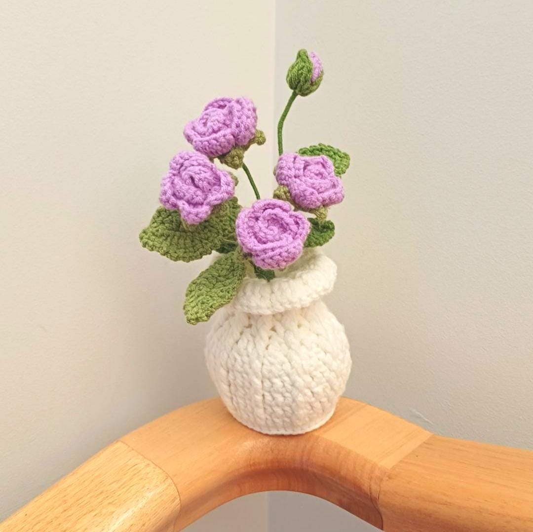 Crochet Flower Bouquet in Vase Handmade Forever Floral Arrangement Gift for Mom Home Decor