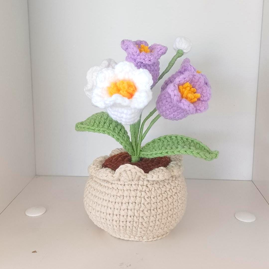 Handmade Crochet Bell Flower Pot – Amigurumi Flower Decor – Everlasting Floral Arrangement