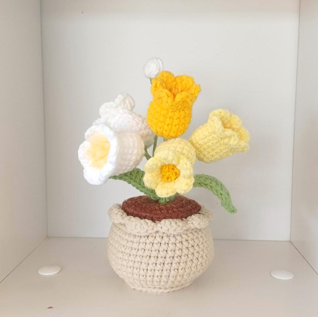 Handmade Crochet Bell Flower Pot – Amigurumi Flower Decor – Everlasting Floral Arrangement