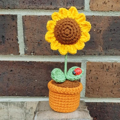 Mini Crochet Sunflower in Pot Handmade 15cm Tall Ladybug Gift Teacher Thank You Gift Desk Decor